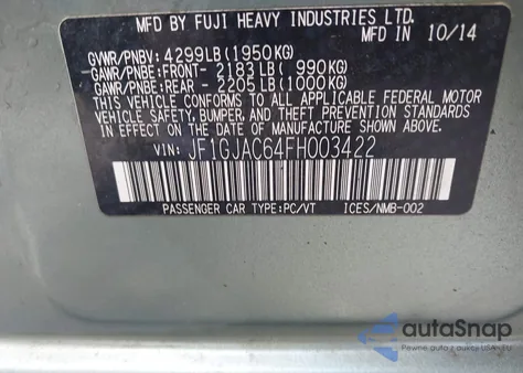 2015 Subaru Impreza 2.0I Premium из США, поврежденный, VIN JF1GJAC64FH003422